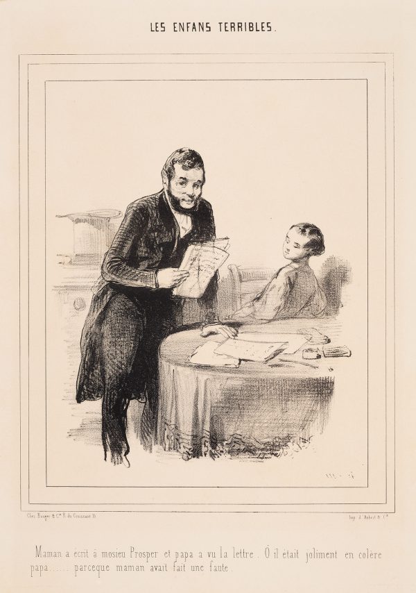 A boy sits with his back to the table but looks over his shoulder at a standing, bearded man holding papers.
