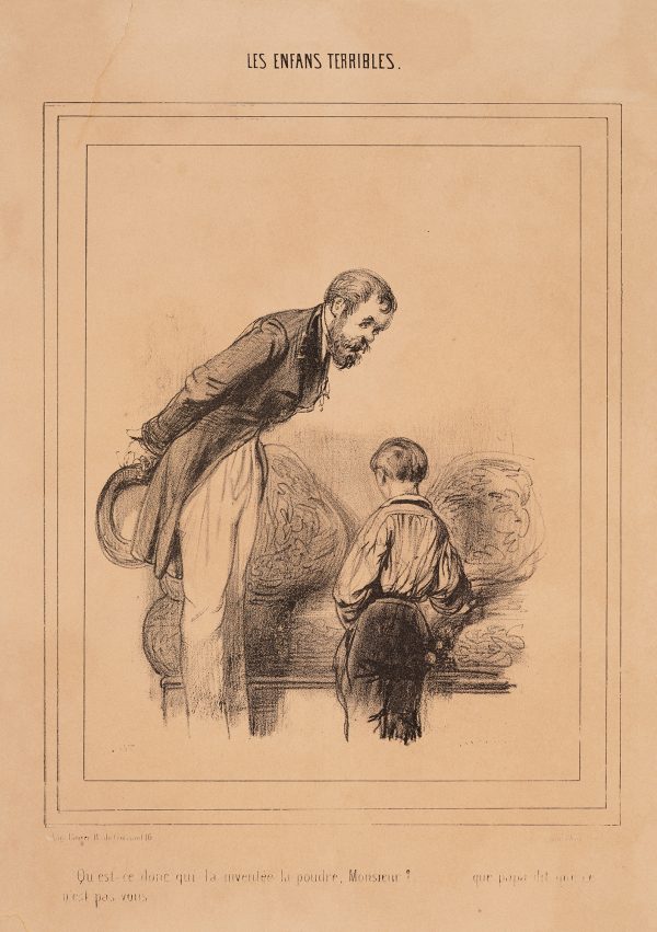 A man stands leaning over a young boy who has his back turned to the viewer.