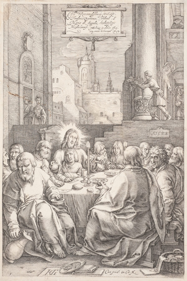 Christ is near the center with a halo, his disciples are around a table, with buildings in the background.