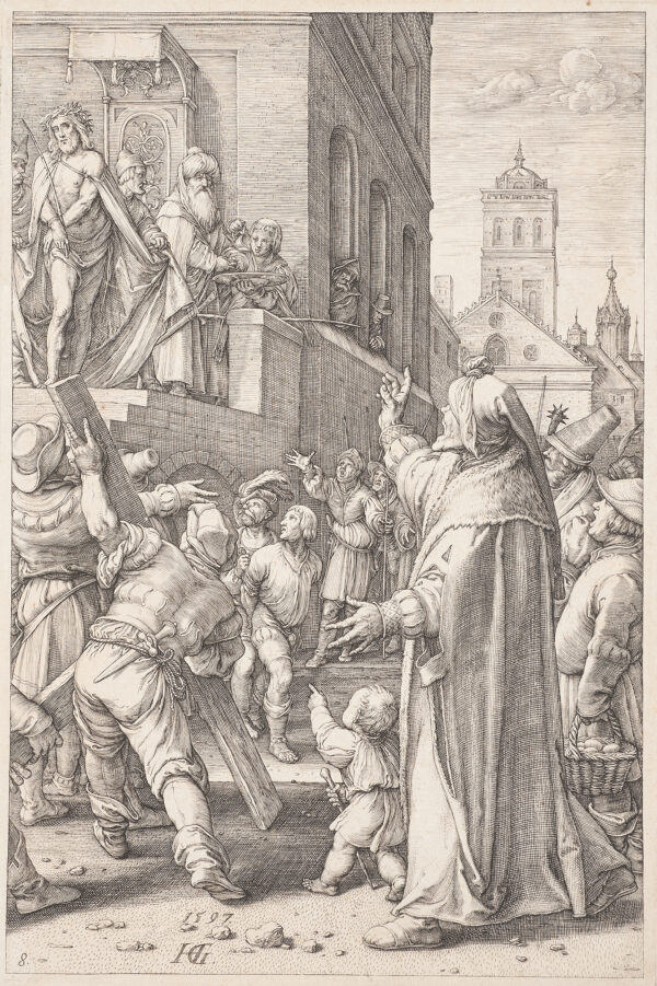 A crowd shouts at Christ, including a pointing child and a man with a long wood board.