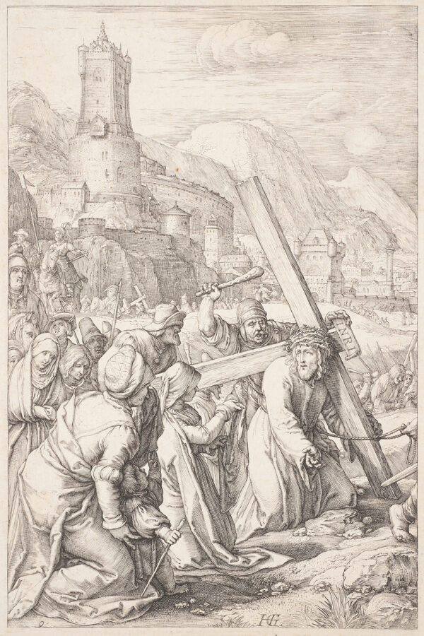 Christ carries his cross through a crowd with the city behind him.
