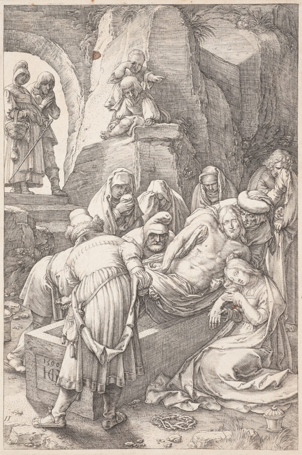 Christ is being lowered into a coffin with mourners in the cave and at the entrance.