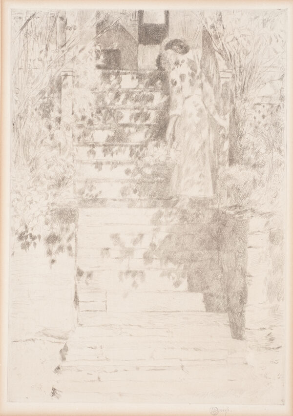 A young woman with a basket of flowers ascending a flight of stone steps leading to an open door./A portrait of Mrs. Elmer Livingston MacRae, on the steps of the Holley House at Cos Cob.