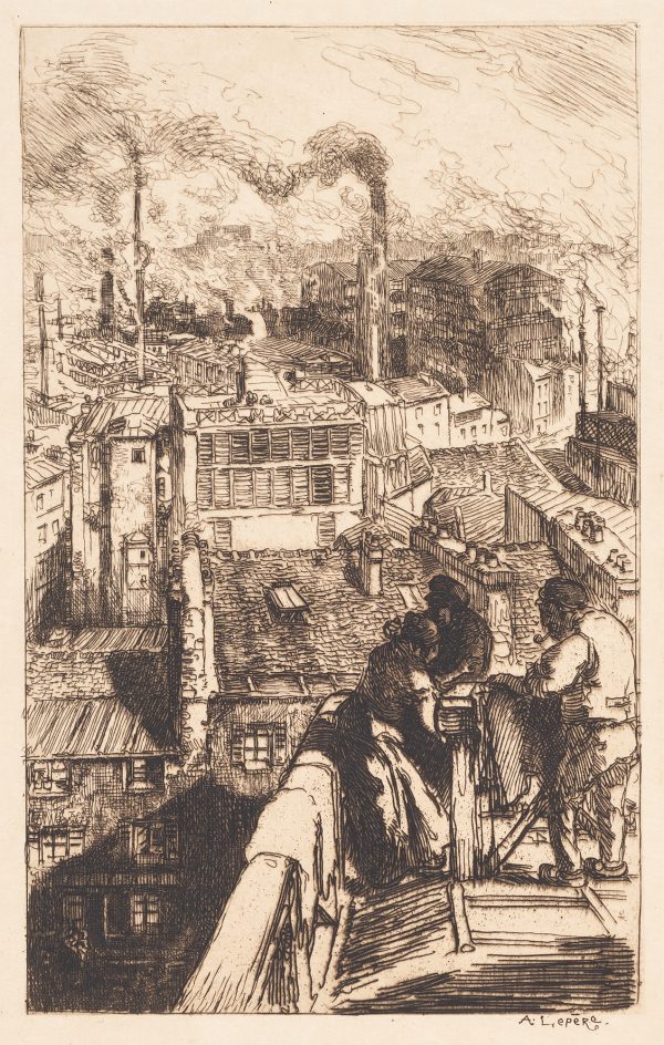 Three figures wash clothes on the roof of a tenement.  The background is filled with the smoke and haze produced by factories and manufacturing.