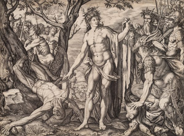 Apollo stands at center holding the recently skined Marsyas in his proper left hand and a knife in the the right hand. Marsyas is up-side-down on the left with a crowd behind. To the right are a group of satyrs.