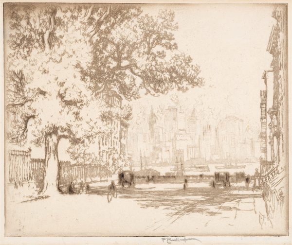 A scene the city with a large tree on the left.