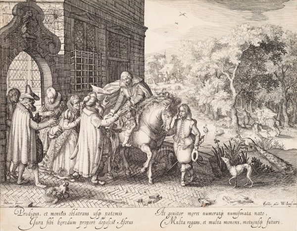 After a painting by David Vinckboons. A man on a horse is saying goodbye at a gate to his family, a young boy holds the horse's reins and a variety of animals are throughout.