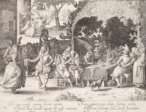 In the foreground a party including dancing, eating, drinking and music while in the background a man is being chase away with brooms and water being thrown on him.