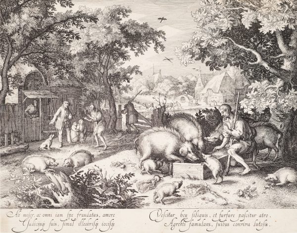 On the right a man feeds pigs of all sizes. On the left is a group in front of a building and in the background is a town.