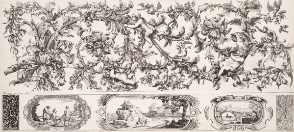Small putti frolic on the decorative leaves. Below are cartouches of various scenes of daily life.