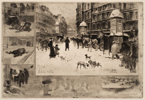 lower left of main image in plate: Felix Buhot Paris Xbre 1879; lower right of main image in plate: а la Place Breda / 9 Dйcembre; lower left in plate: FB (monogram) / 25; upper left in plate: Montmartre; lower left in plate (in reverse): Chauffeur public; lower center in plate (in reverse): au Boulevard des Italiens