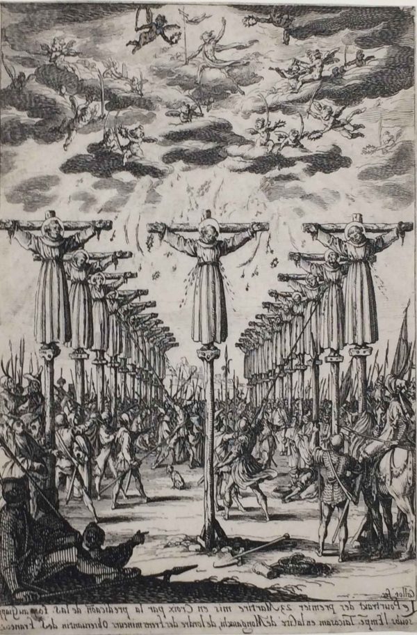Multiple martyrs are crucified in two rows with one at the center. Guards are below and heavenly beings above.