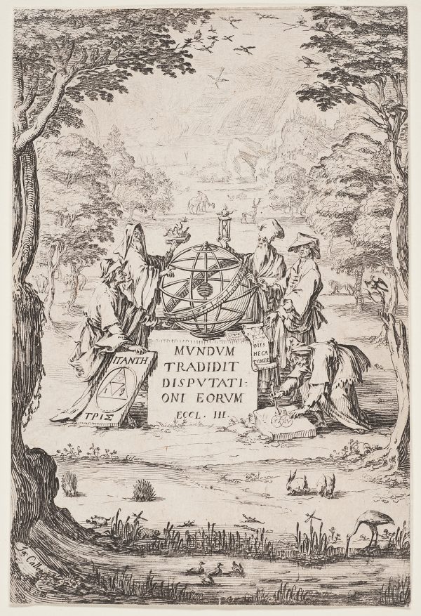 Five men of science with objects and text about Astrology stand in a landscape which include exotic animals.