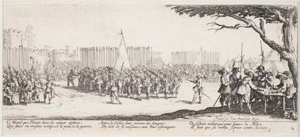 Les Grandes Misиres depict the destruction unleashed on civilians during the Thirty Years' War; Recruitment of Troops