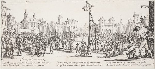 Les Grandes Misиres depict the destruction unleashed on civilians during the Thirty Years' War; The Strappado