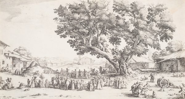 A small crowd gathers for a fair and festivities on the local green, under a large tree.