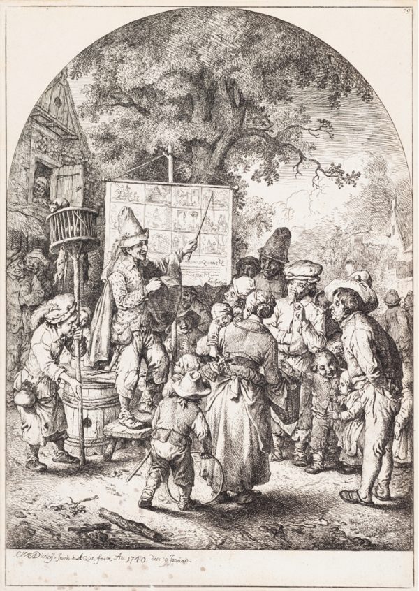 A man stands on a stool with pointer, pointing at a panel divided into 12 pictures. He speaks to a crowd of various ages and professions including the rat catcher on the left.