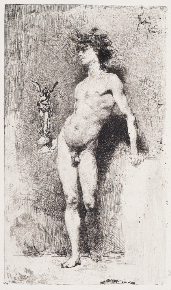 A male nude stands in contrapposto holding a staute of a winged figure.