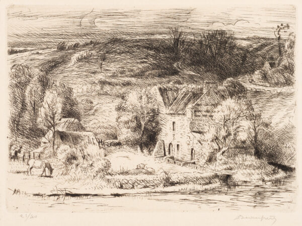 A large farm house is in the center with a river running along the bottom of the scene with a horse to the left.