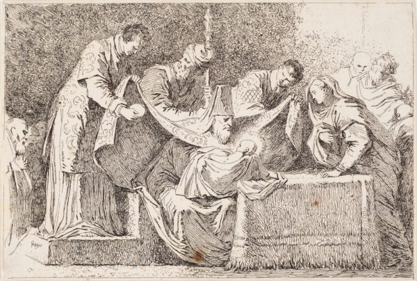 A baby with halo is being presented to respected elders. Two attendants hold the cloak away from the man holding the baby while the mother leans forward supported by a table covered with a tablecloth.