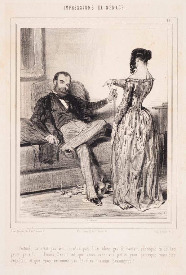 A man sits on a couch with objects spilled at his feet. A woman stands with her back to the viewer and her right hand is outstretched to the man.