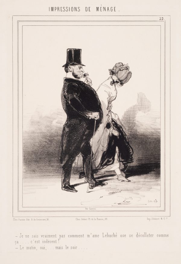 A man in a top hat walks tall with a cane and holds a flower to his nose. His female companion walks with bowed head.