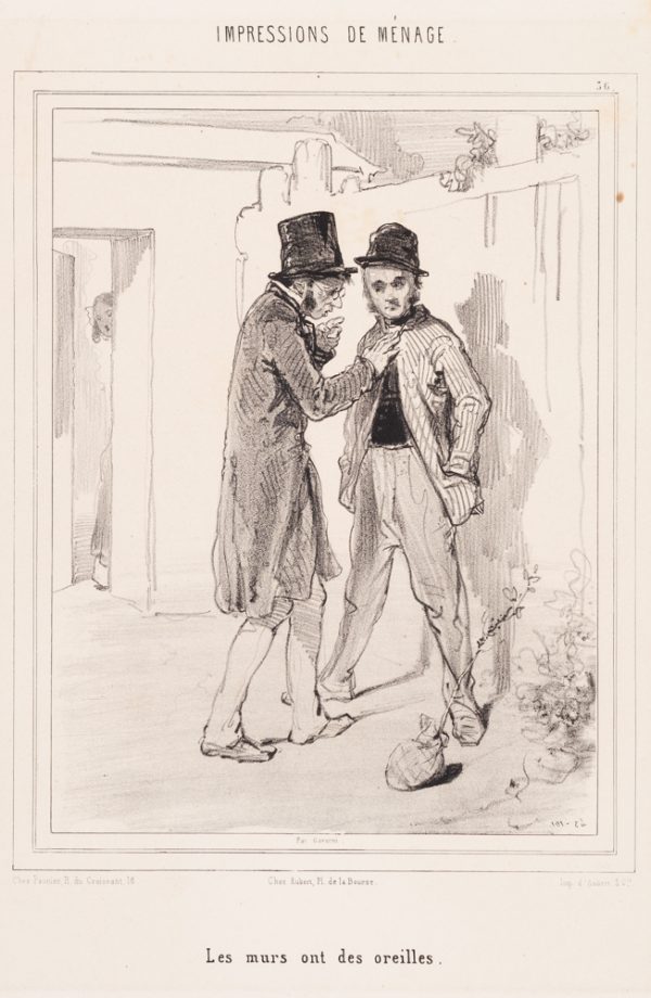 Two men are in a courtyard, one looks toward the viewer and the other has his hand on the chest of the first in earnest discussion. A woman peers out from behind the door.