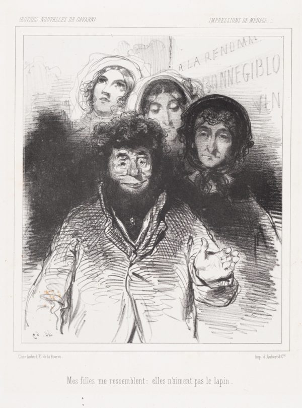 A man in the front has three women behind each younger and more beautiful than the one before.