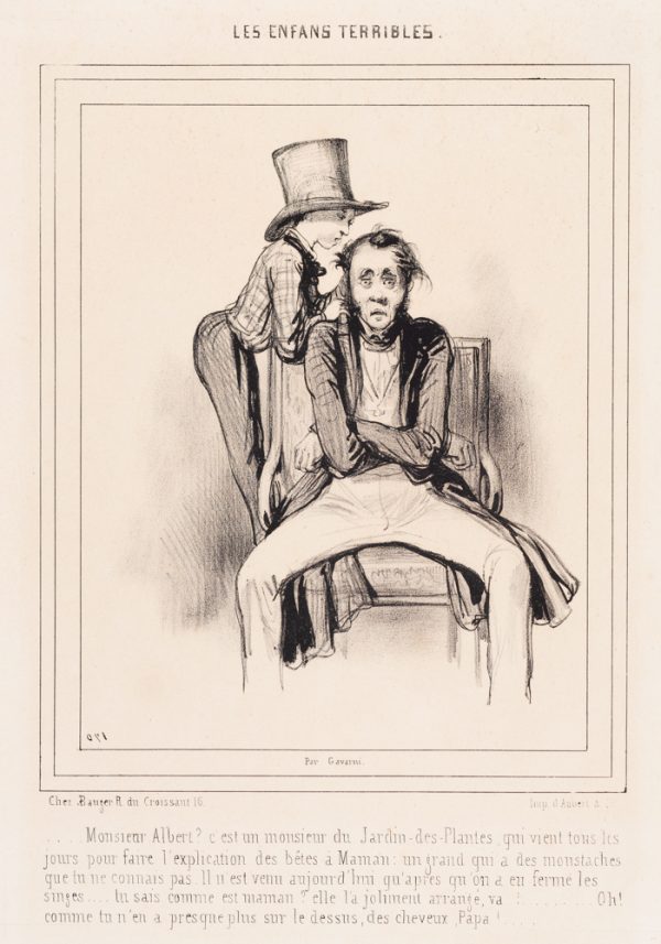 A young boy in an oversized top hat stands on the back of the chair where a man sits with crossed arms.