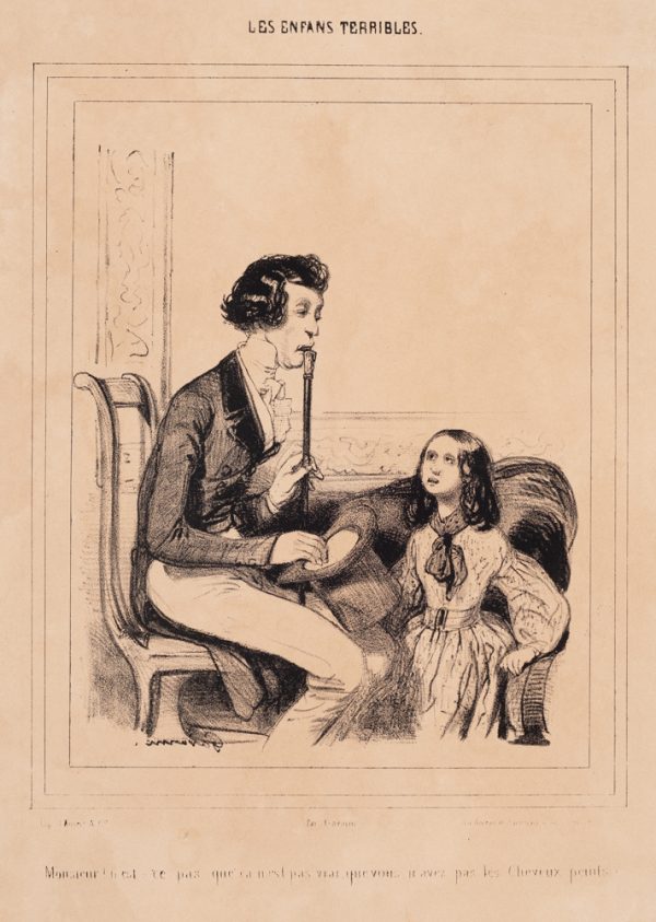 A man sits holding a cane to his mouth, talking to a young girl.