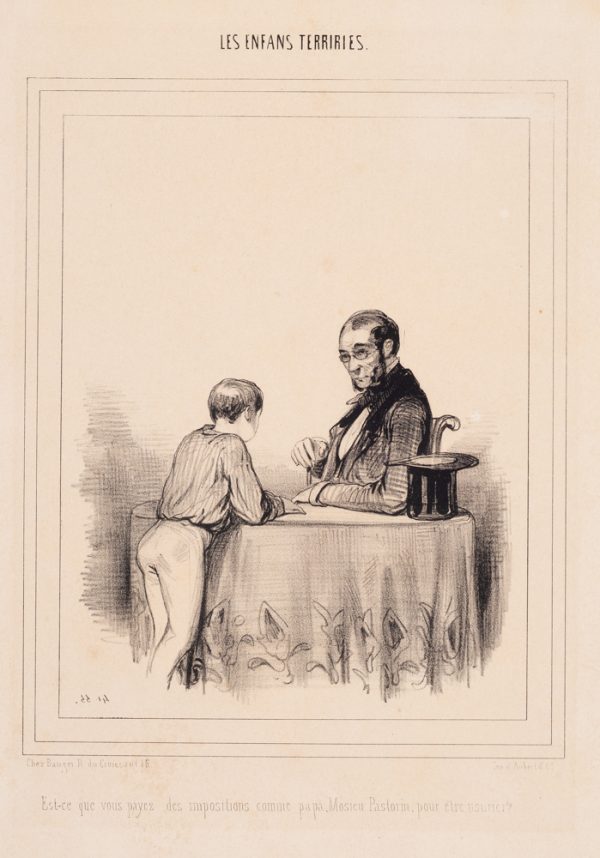 A boy leans on a table looking at a man with his top hat on the table to the right.