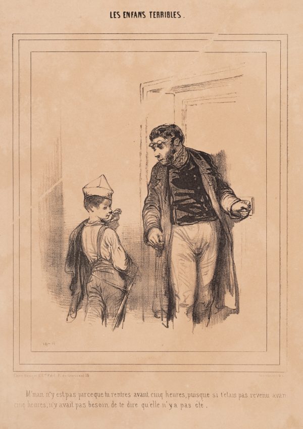 A man with glasses on his forehead and hand on door knob speaks to a boy wearing a folded hat.