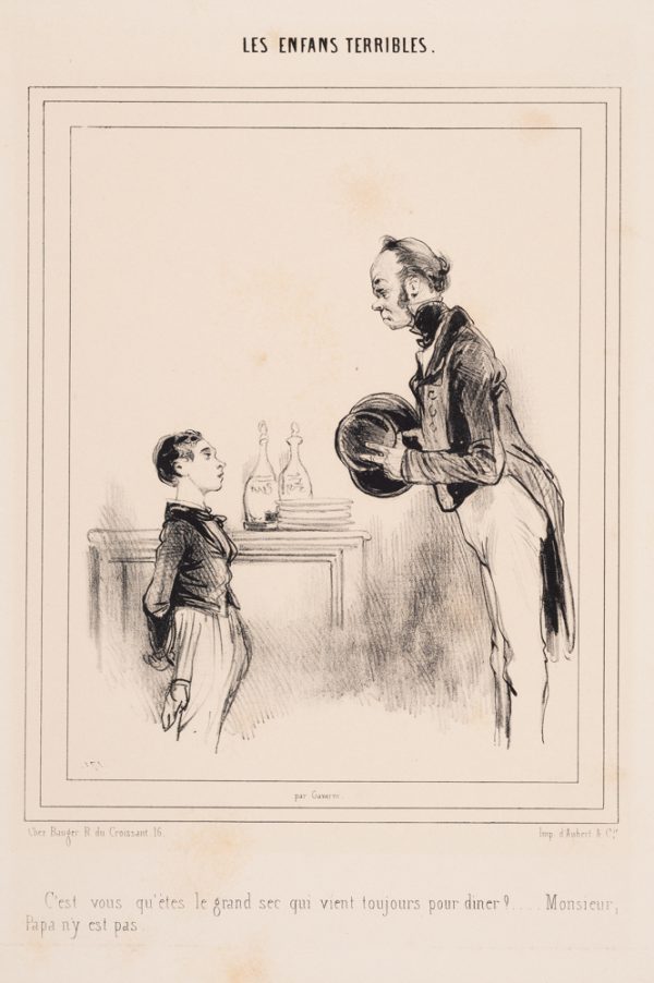 A young boy faces a man holding his top hat at his waist.