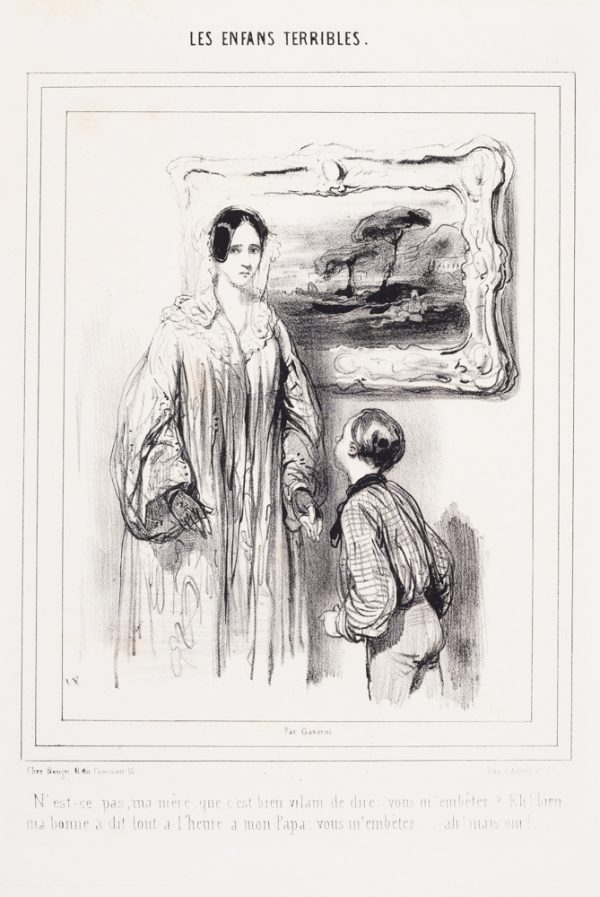 A boy looks up to a woman in flowing dress and head scarf who stands before a painting of a landscape.