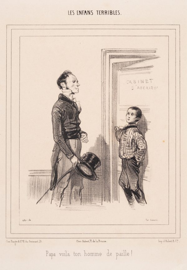 A boy moves to open a door for a man carrying a top hat and cane.