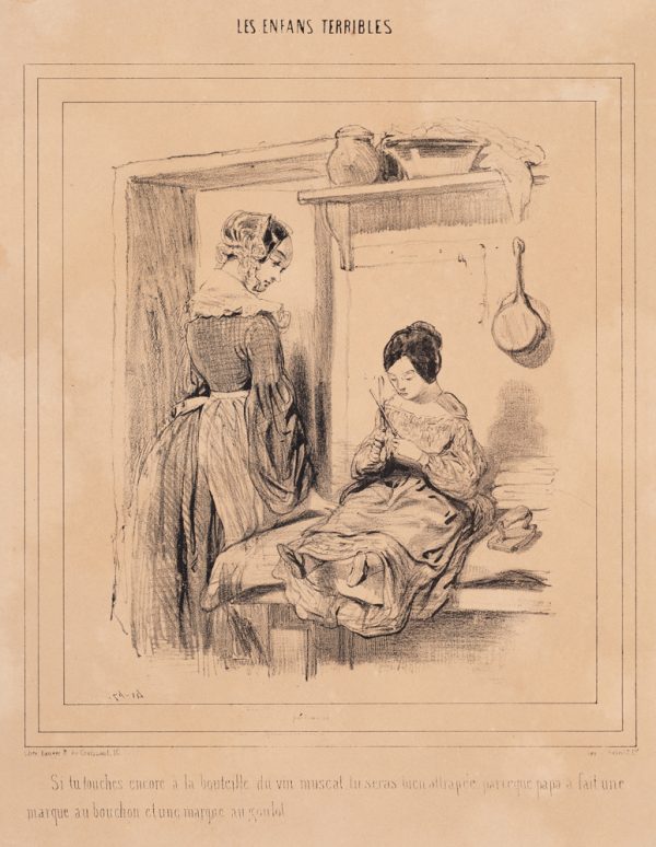 A standing woman watches a seated girl sharpen a knife.