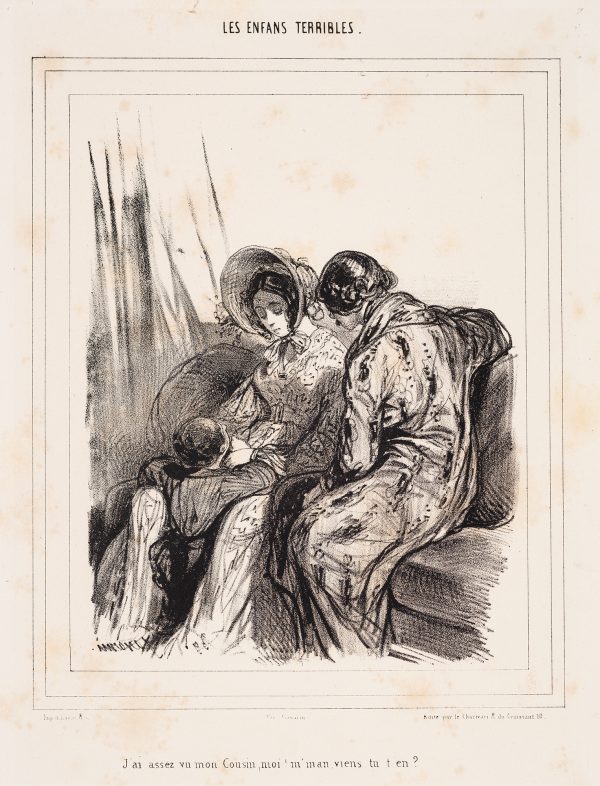 Seated on a couch, a man faces his wife with their son standing between her knees. She wears a bonnet.
