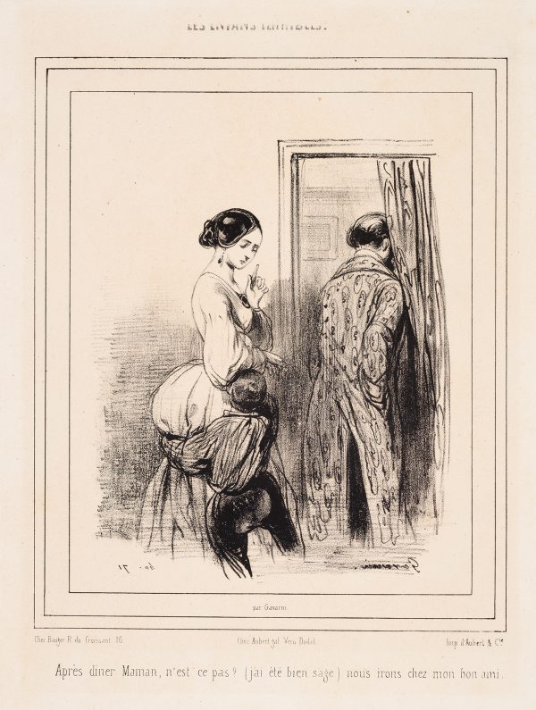 A man is leaving the room and behind him a woman raises one finger to quiet a boy grasping her leg.