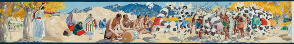 At the left are two trees, an oven and the pueblo and mountains in the background. An Indian in white points spectators toward the dancers in costumes that represent deer.