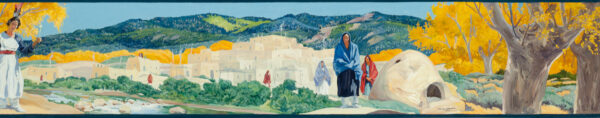 A woman is at left edge with the pueblo between her and a few more women, an oven and trees.