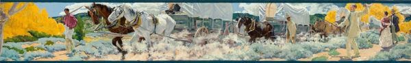 Four covered wagons are pulled by horses, an Indian is leading at the left, with pioneers following at the right.