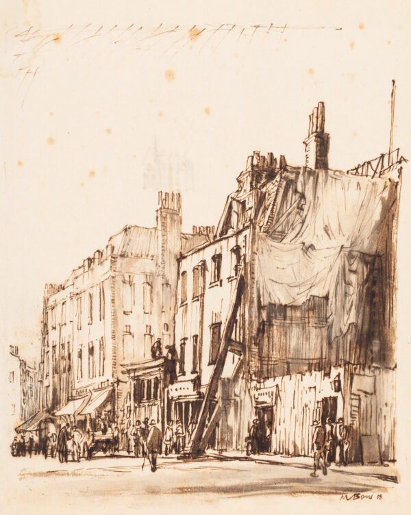 A street with buildings. There is a faint ink sketch on the verso