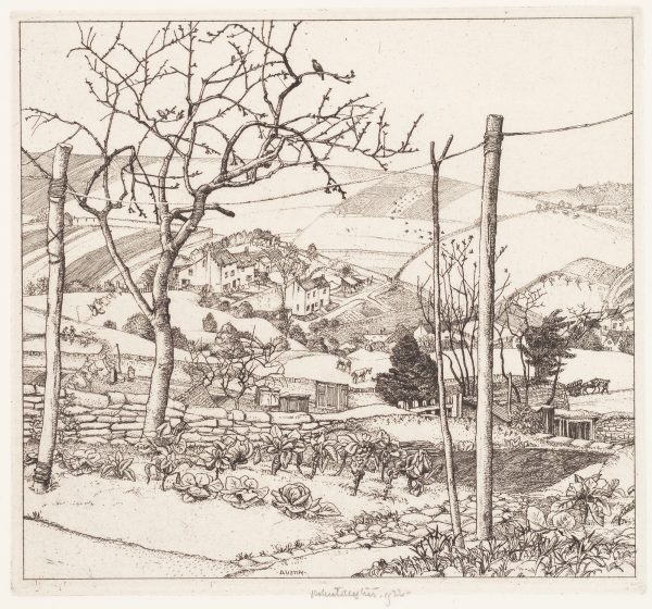 A tree with no  leaves, telephone poles and a garden are in the foreground, an estate in rolling hills are in the background.
