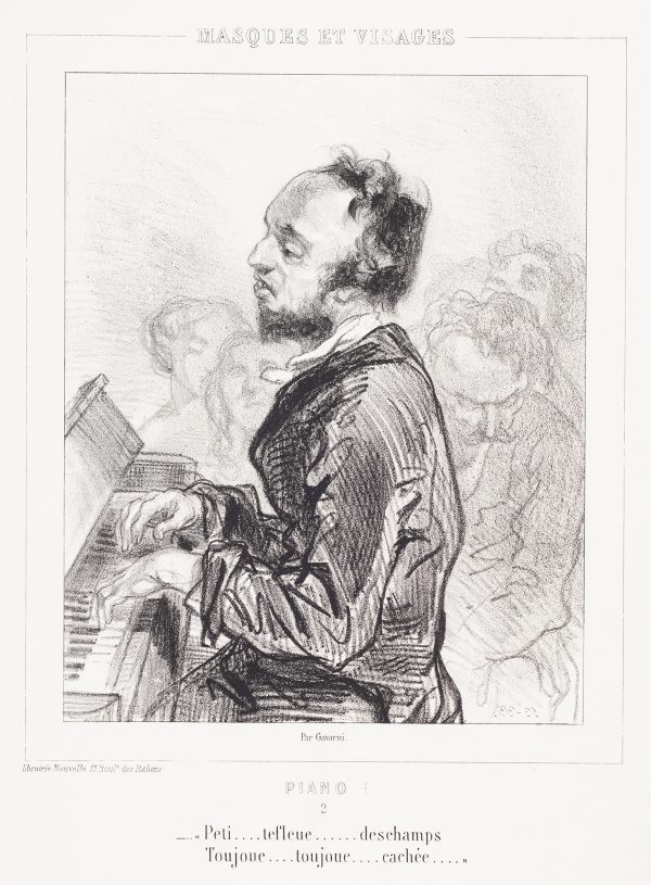 A man is seen from the side playing a piano, with a greyed out audience behind.