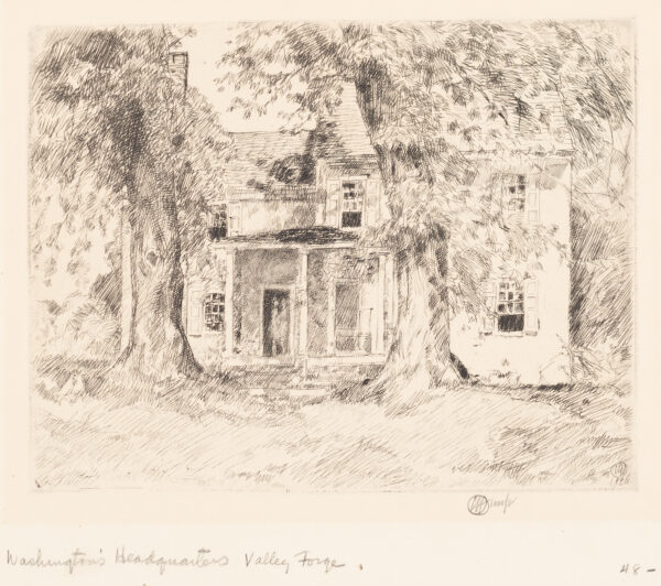A house with a porch hidden in trees. There is a couple in the dark doorway.