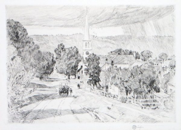A man walks beside a horse drawn cart, on a road that leads past a village, with a church spire prominent at the center of the print.