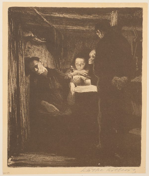 Death in the form of a skull and skelatal hand reaches for a slumped woman on the left. A man stands with his back to the scene and a child with wide eyes is at the center. The scene is lit with a candle.