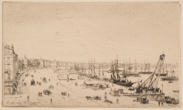 A sweeping view of a harbor with many buildings and ships and a wide dock between.