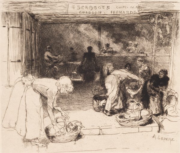 A woman bends over a basket at left and more figures are working in the background. They are seen through the open doors of a market which has a sign above.