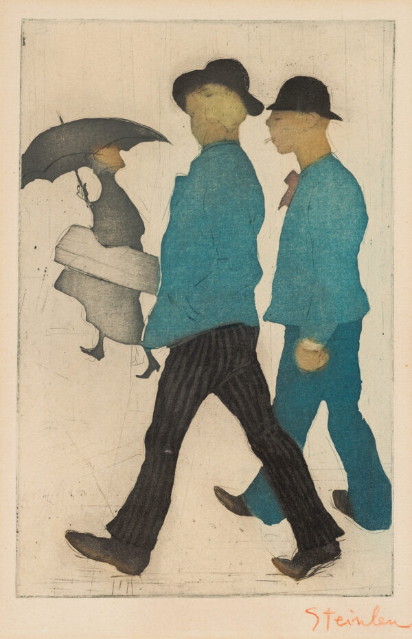 A woman walks in the distance with an umbrella over her head. Two men in blue shirts and black hats are walking in the foreground.